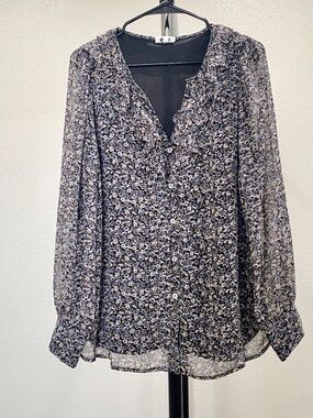 West K Womenʻs Sheer Long Sleeve Dainty Floral Button Up Ruffle-Front Blouse XL